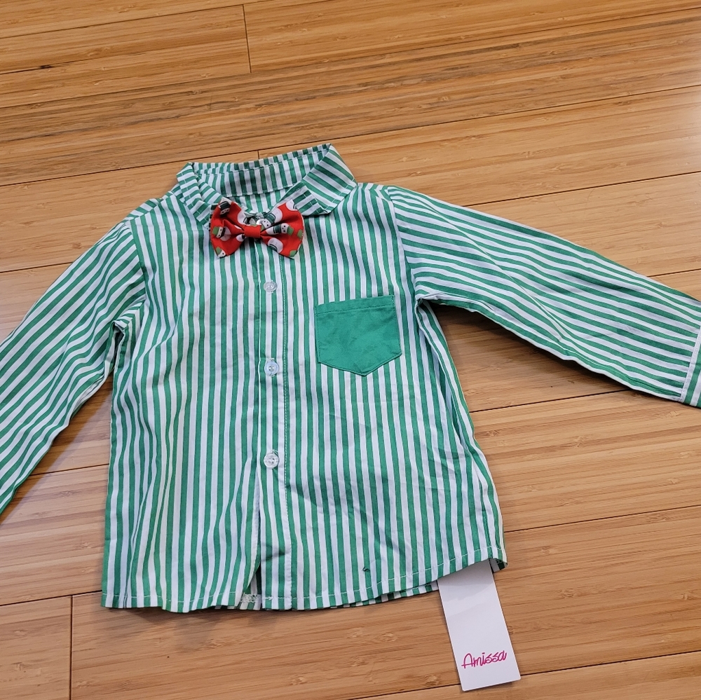 Green and white striped button down snowman tie